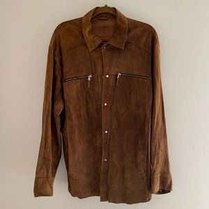Suede button up light weight jacket with silver hardware zippers and buttons